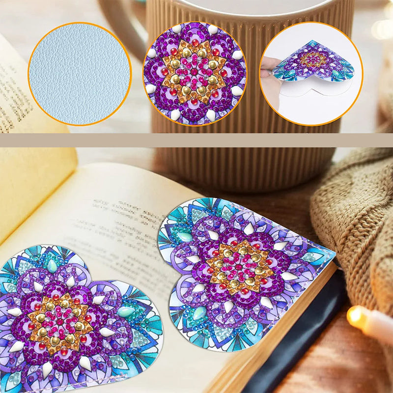 6Pcs de Marque-Pages Avec Coins Protecteurs en PU Mandala de Forme de Cœur Broderie Diamant