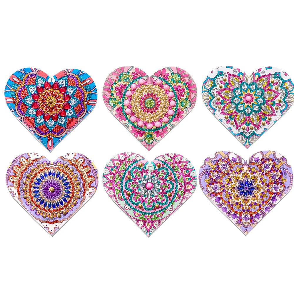 6Pcs de Marque-Pages Avec Coins Protecteurs en PU Mandala Coloré de Forme de Cœur Broderie Diamant