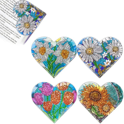 4Pcs de Marque-Pages Avec Coins Protecteurs en PU Fleur de Forme de Cœur Broderie Diamant