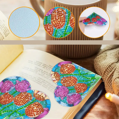 4Pcs de Marque-Pages Avec Coins Protecteurs en PU Fleur de Forme de Cœur Broderie Diamant