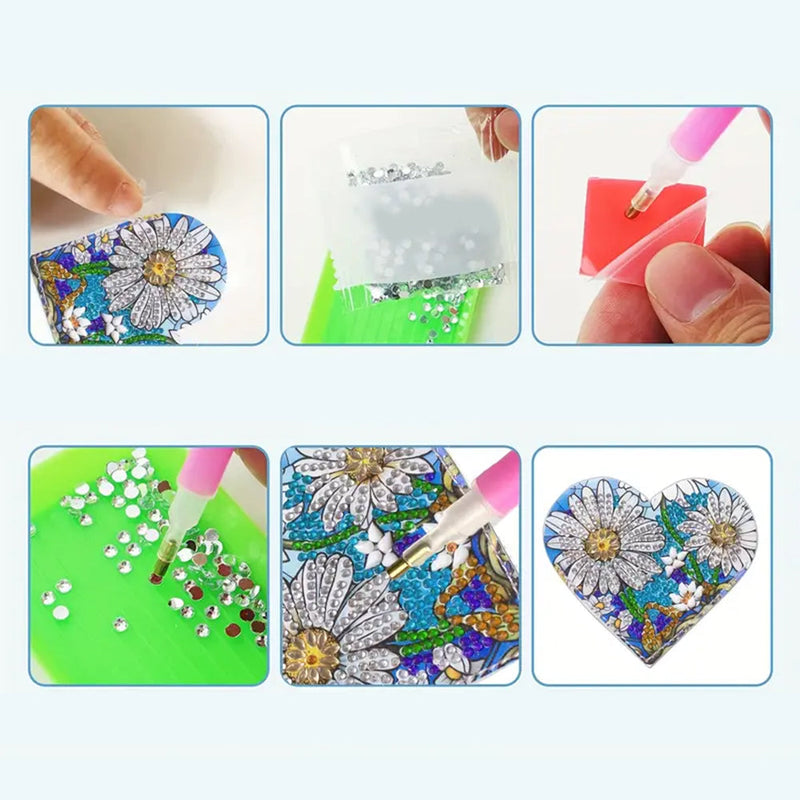 4Pcs de Marque-Pages Avec Coins Protecteurs en PU Fleur de Forme de Cœur Broderie Diamant