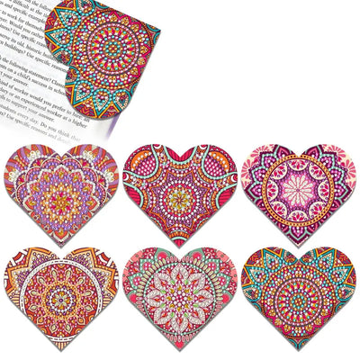 6Pcs de Marque-Pages Avec Coins Protecteurs en PU Mandala Rouge de Forme de Cœur Broderie Diamant