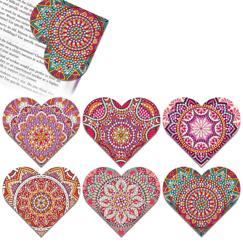 6Pcs de Marque-Pages Avec Coins Protecteurs en PU Mandala Rouge de Forme de Cœur Broderie Diamant