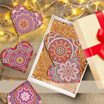 6Pcs de Marque-Pages Avec Coins Protecteurs en PU Mandala Rouge de Forme de Cœur Broderie Diamant