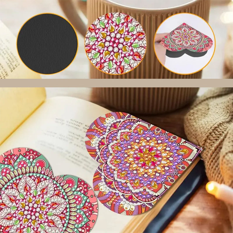 6Pcs de Marque-Pages Avec Coins Protecteurs en PU Mandala Rouge de Forme de Cœur Broderie Diamant