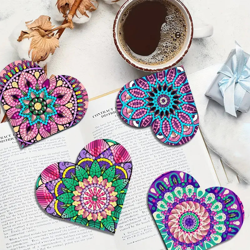 6Pcs de Marque-Pages Avec Coins Protecteurs en PU Mandala Violet de Forme de Cœur Broderie Diamant