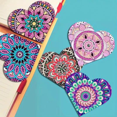 6Pcs de Marque-Pages Avec Coins Protecteurs en PU Mandala Violet de Forme de Cœur Broderie Diamant