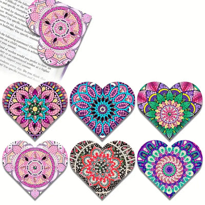 6Pcs de Marque-Pages Avec Coins Protecteurs en PU Mandala Violet de Forme de Cœur Broderie Diamant