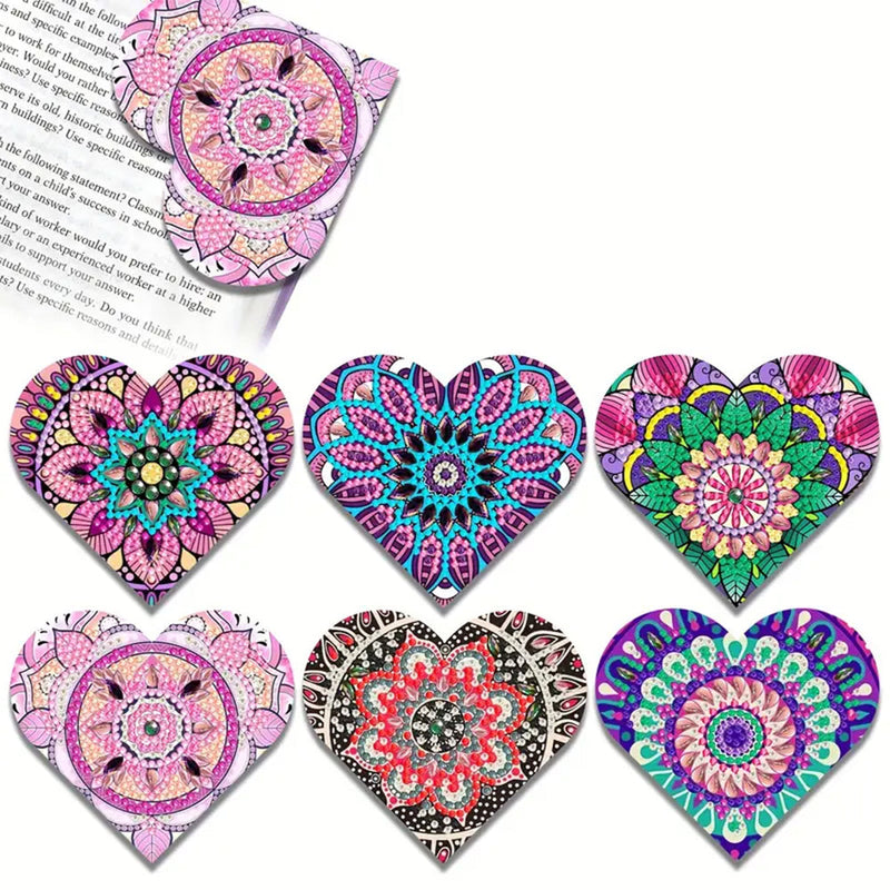 6Pcs de Marque-Pages Avec Coins Protecteurs en PU Mandala Violet de Forme de Cœur Broderie Diamant