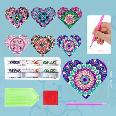 6Pcs de Marque-Pages Avec Coins Protecteurs en PU Mandala Violet de Forme de Cœur Broderie Diamant