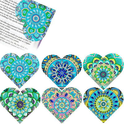 6Pcs de Marque-Pages Avec Coins Protecteurs en PU Mandala Vert de Forme de Cœur Broderie Diamant