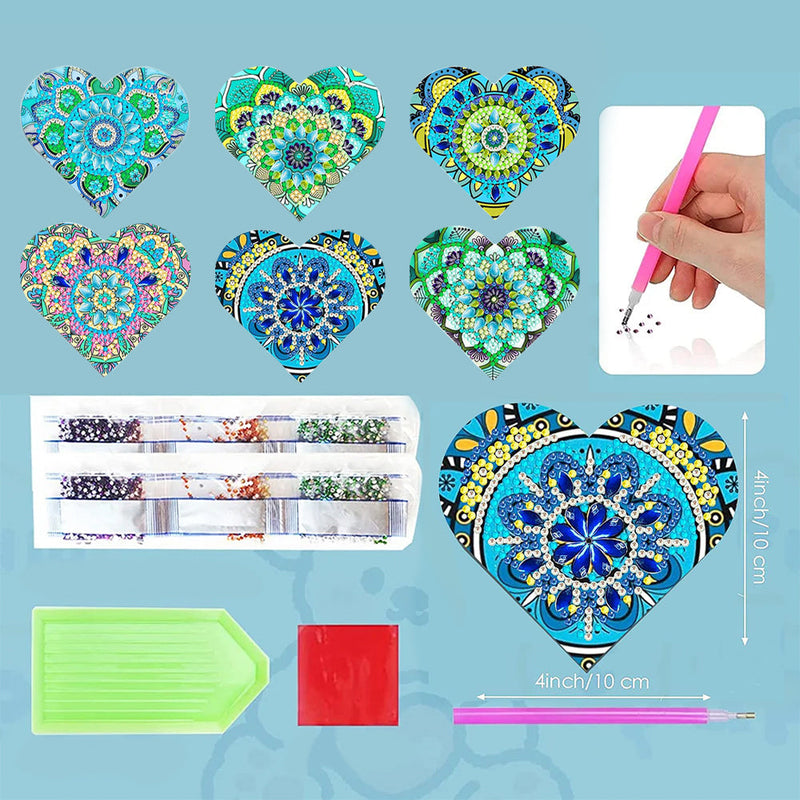 6Pcs de Marque-Pages Avec Coins Protecteurs en PU Mandala Vert de Forme de Cœur Broderie Diamant