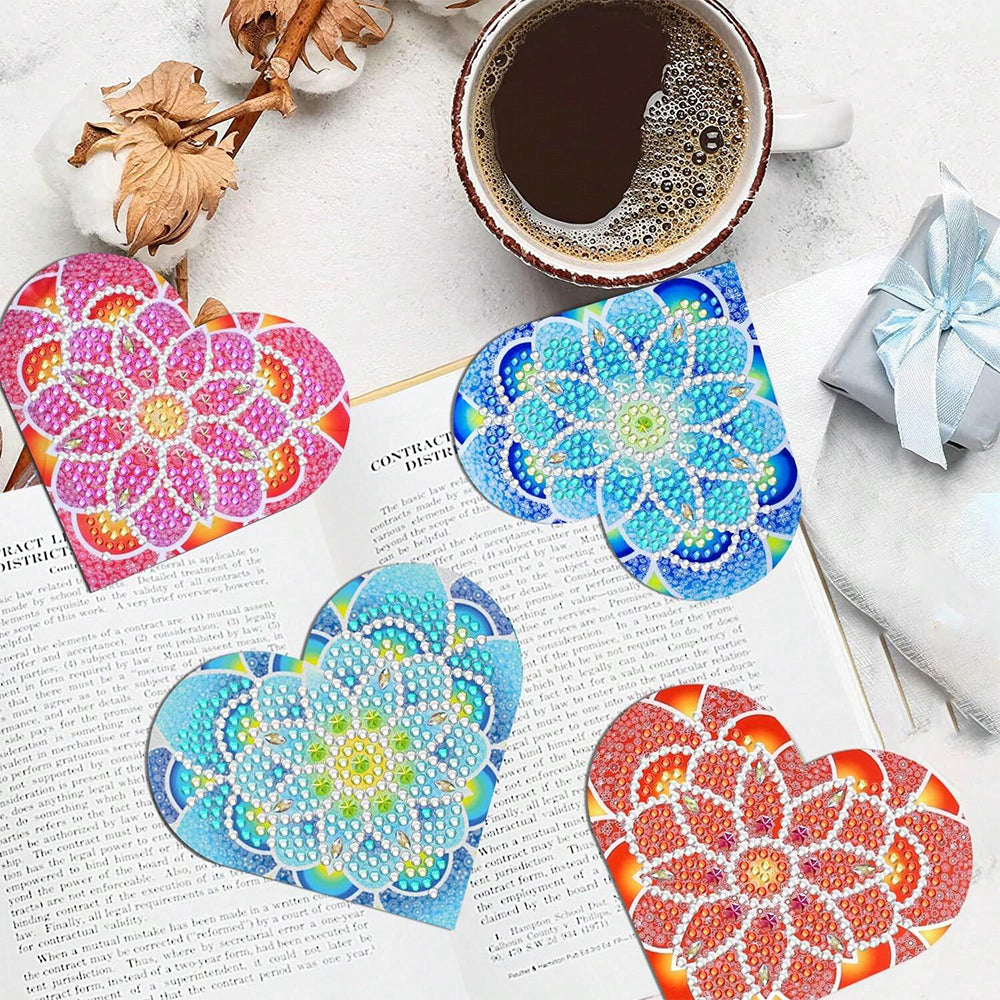 4Pcs de Marque-Pages Avec Coins Protecteurs en PU Lotus de Forme de Cœur Broderie Diamant