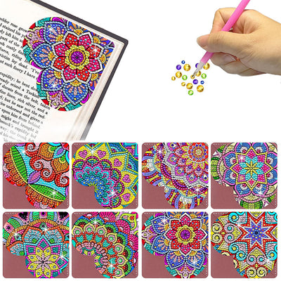 8Pcs de Marque-Pages Avec Coins Protecteurs en PU Mandala Éblouissant de Forme de Cœur Broderie Diamant