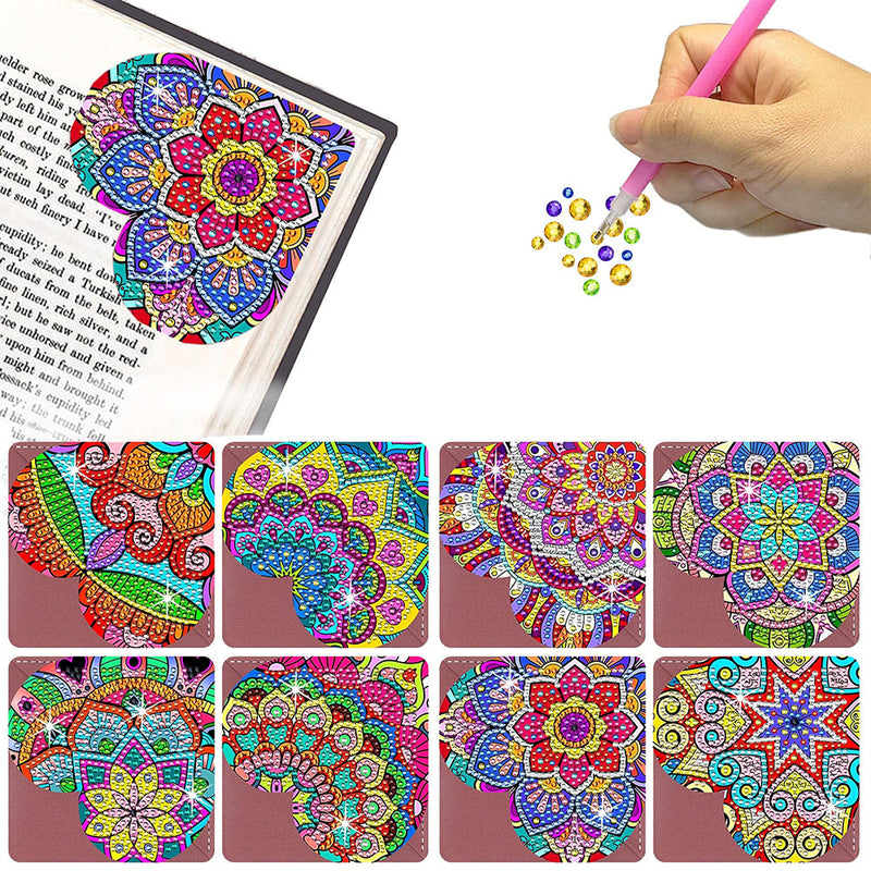 8Pcs de Marque-Pages Avec Coins Protecteurs en PU Mandala Éblouissant de Forme de Cœur Broderie Diamant