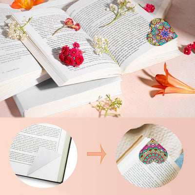 8Pcs de Marque-Pages Avec Coins Protecteurs en PU Mandala Éblouissant de Forme de Cœur Broderie Diamant