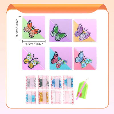 6Pcs de Marque-Pages Avec Coins Protecteurs en PU Papillon à Fleur Broderie Diamant