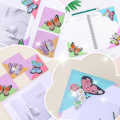 6Pcs de Marque-Pages Avec Coins Protecteurs en PU Papillon à Fleur Broderie Diamant