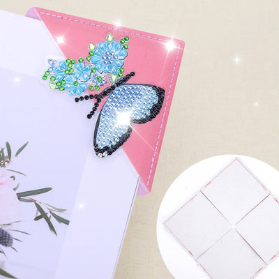 6Pcs de Marque-Pages Avec Coins Protecteurs en PU Papillon à Fleur Broderie Diamant