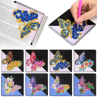 8Pcs de Marque-Pages Avec Coins Protecteurs en PU Beau Papillon à Fleur Broderie Diamant