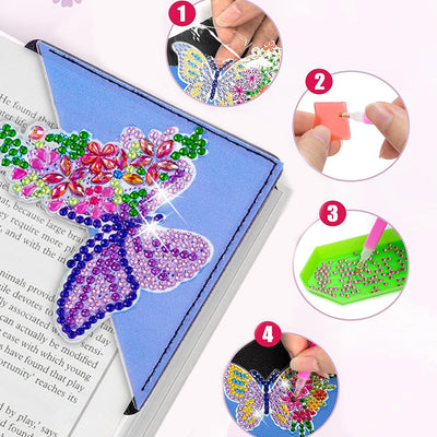 8Pcs de Marque-Pages Avec Coins Protecteurs en PU Beau Papillon à Fleur Broderie Diamant