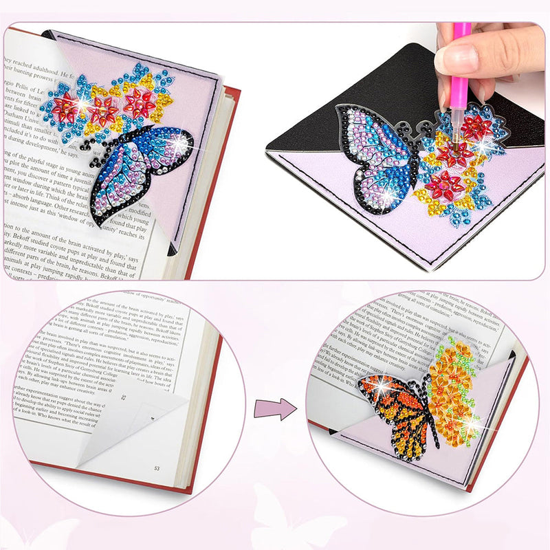 8Pcs de Marque-Pages Avec Coins Protecteurs en PU Beau Papillon à Fleur Broderie Diamant