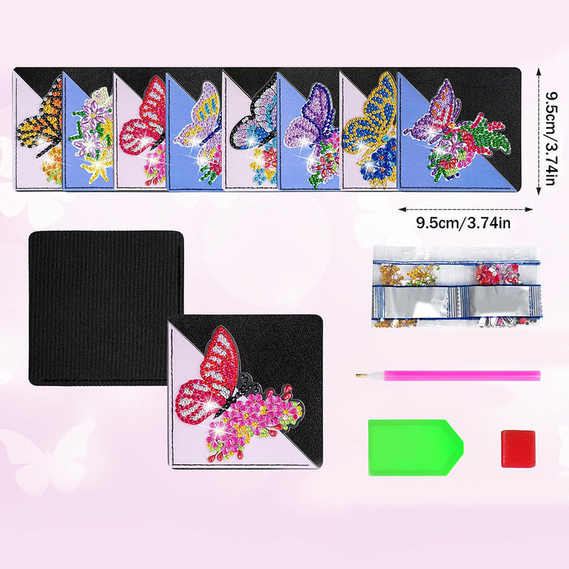 8Pcs de Marque-Pages Avec Coins Protecteurs en PU Beau Papillon à Fleur Broderie Diamant