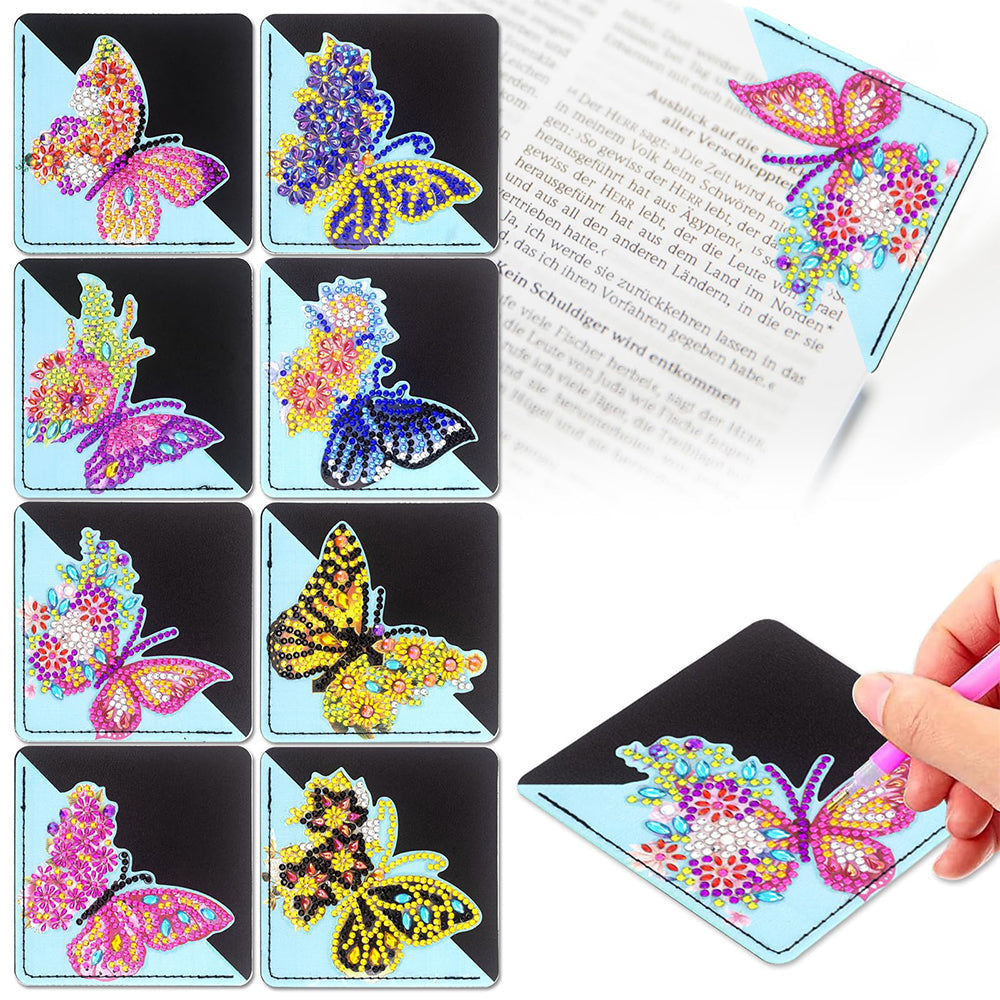 8Pcs de Marque-Pages Avec Coins Protecteurs en PU Papillon Coloré Broderie Diamant