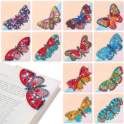 12Pcs de Marque-Pages Avec Coins Protecteurs en PU Beau Papillon Broderie Diamant