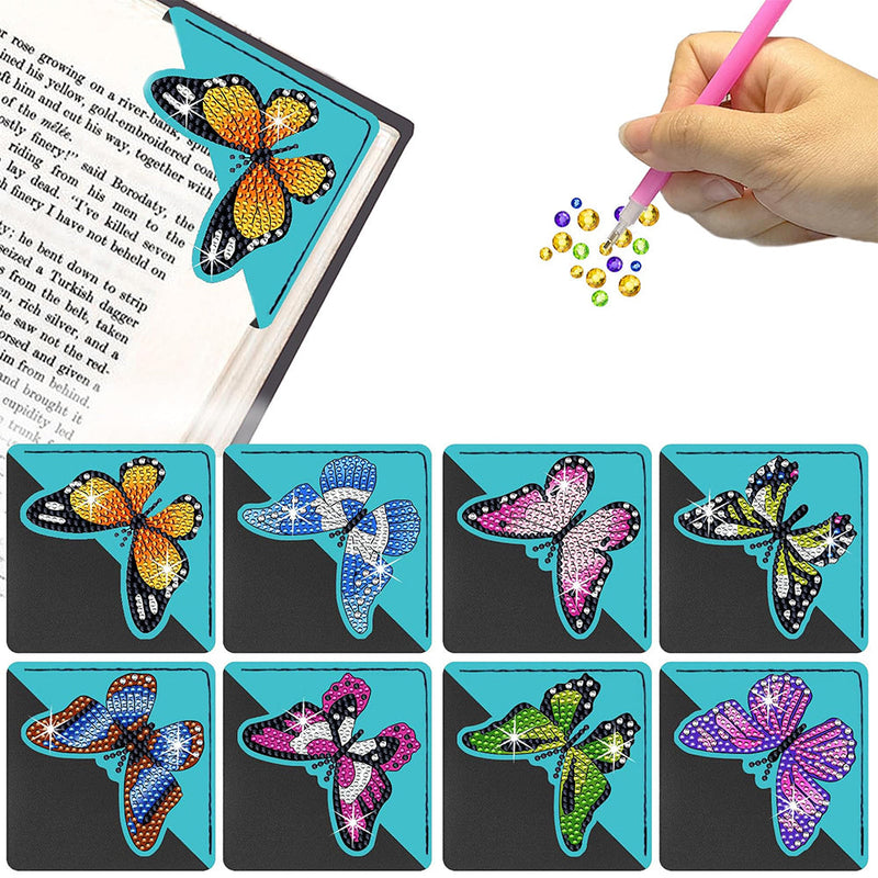 8Pcs de Marque-Pages Avec Coins Protecteurs en PU Papillon Volant Broderie Diamant