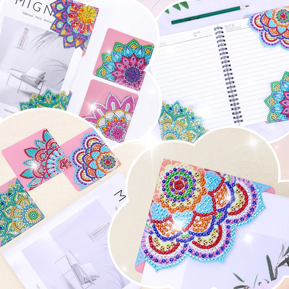8Pcs de Marque-Pages avec Coins Protecteurs en PU Mandala Fleur Brillante Broderie Diamant