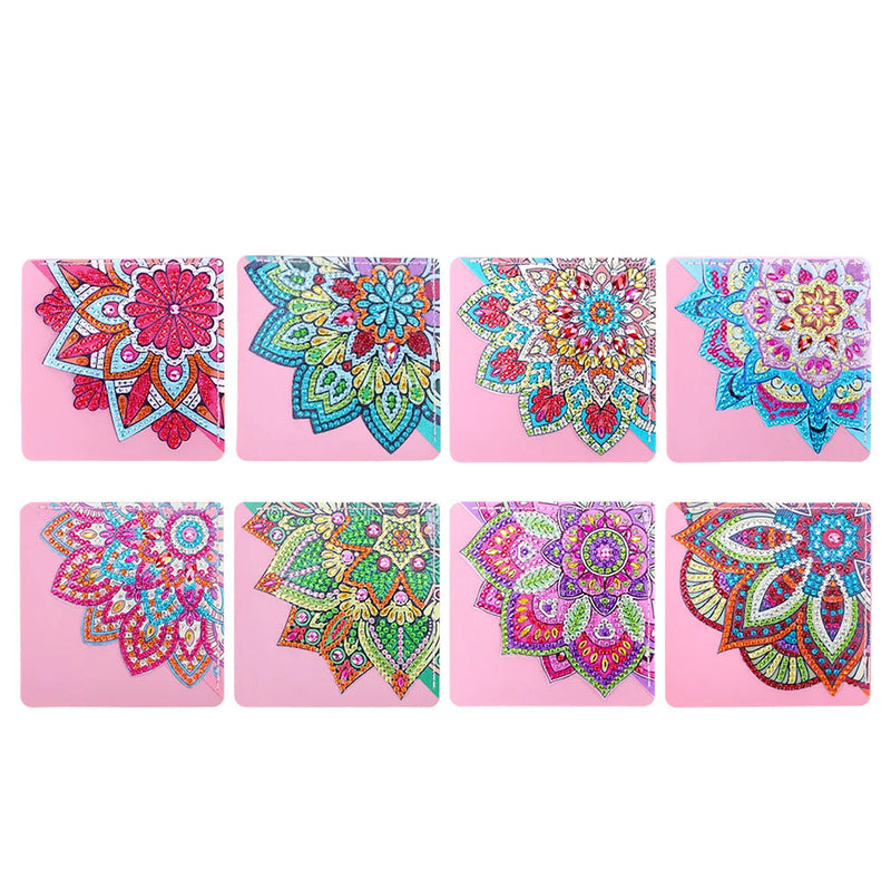 8Pcs de Marque-Pages Avec Coins Protecteurs en PU Belle Mandala Fleur Broderie Diamant