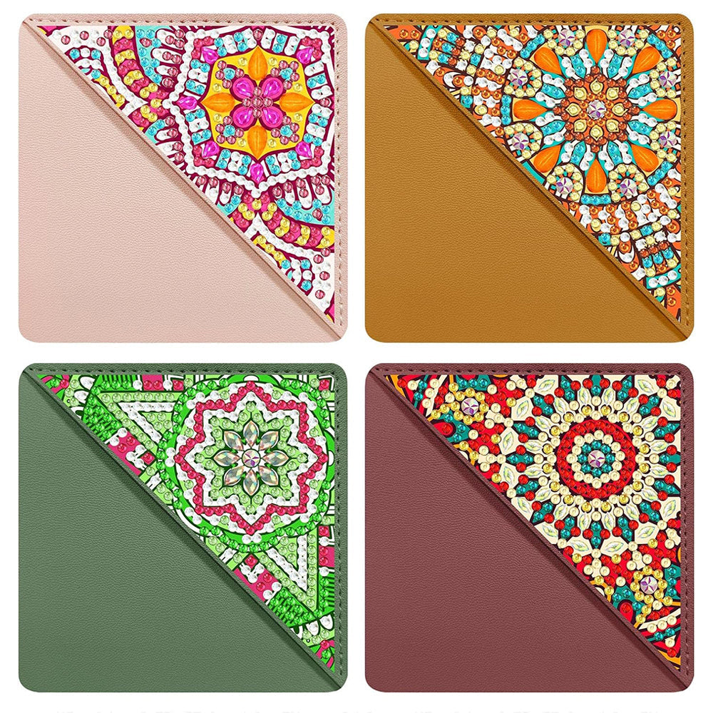 4Pcs de Marque-Pages avec Coins Protecteurs en PU Mandala à Motif Circulaire Broderie Diamant