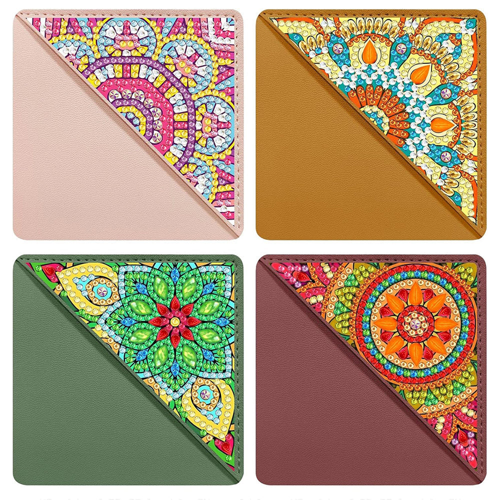 4Pcs de Marque-Pages avec Coins Protecteurs en PU Mandala Coloré Broderie Diamant