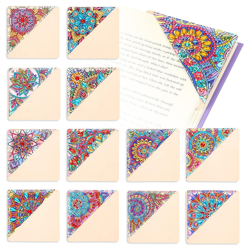 12Pcs de Marque-Pages Avec Coins Protecteurs en PU Mandala Fleur Broderie Diamant