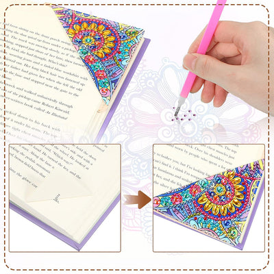 12Pcs de Marque-Pages Avec Coins Protecteurs en PU Mandala Fleur Broderie Diamant