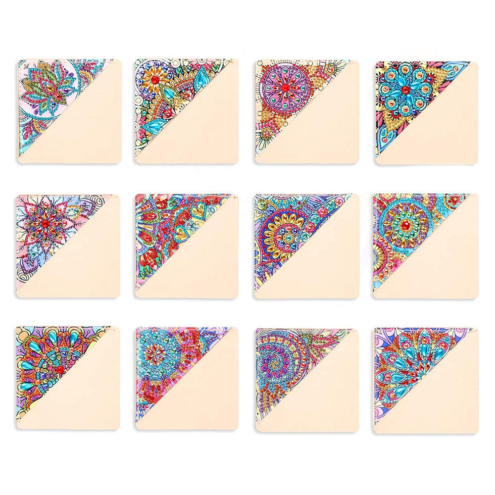 12Pcs de Marque-Pages avec Coins Protecteurs en PU Mandala Fleur Broderie Diamant