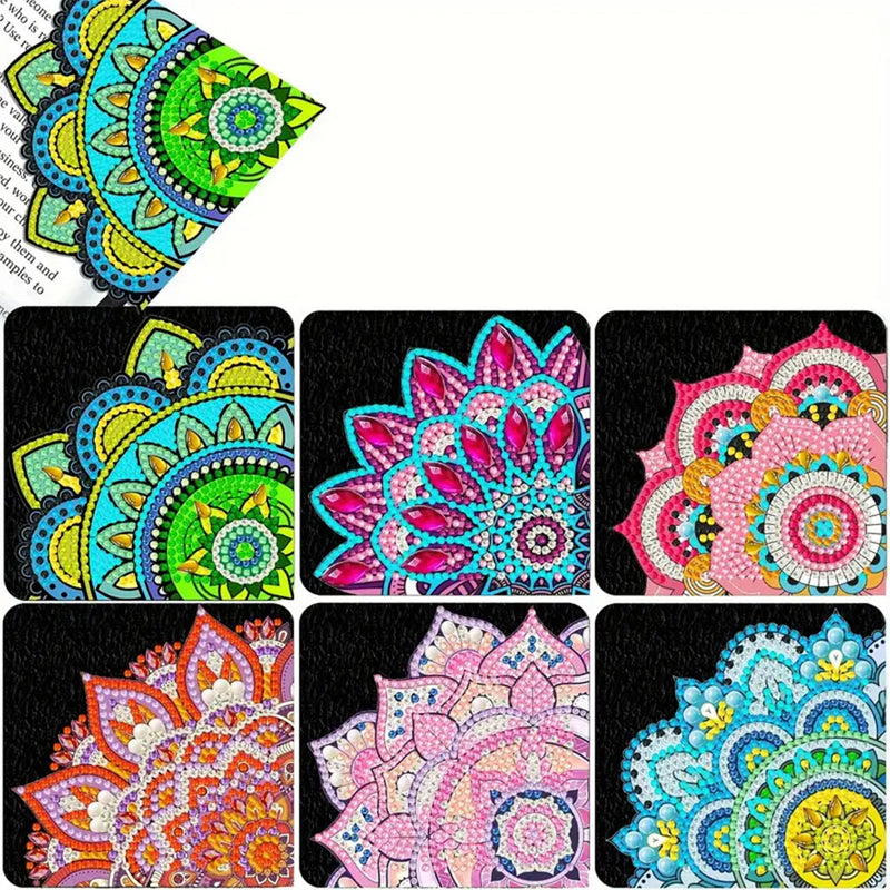 6Pcs de Marque-Pages Avec Coins Protecteurs en PU Mandala Lotus Broderie Diamant