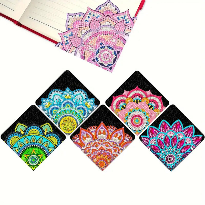 6Pcs de Marque-Pages Avec Coins Protecteurs en PU Mandala Lotus Broderie Diamant