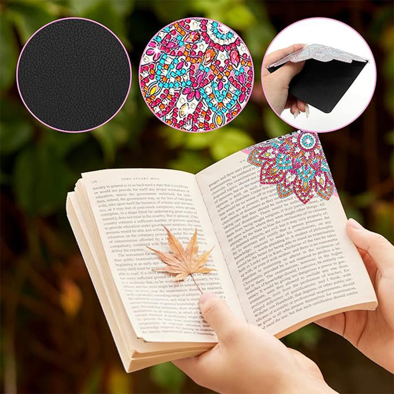 4Pcs de Marque-Pages Avec Coins Protecteurs en PU Mandala Lotus Broderie Diamant