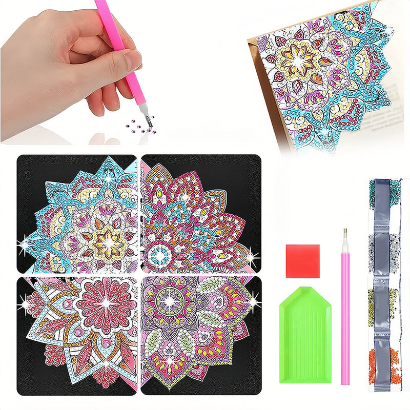 4Pcs de Marque-Pages Avec Coins Protecteurs en PU Mandala Lotus Broderie Diamant