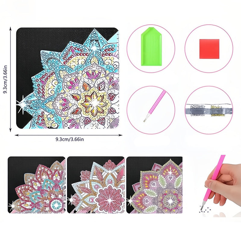 4Pcs de Marque-Pages Avec Coins Protecteurs en PU Mandala Lotus Broderie Diamant