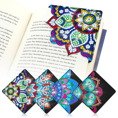 4Pcs de Marque-Pages Avec Coins Protecteurs en PU Mandala Bleu Broderie Diamant