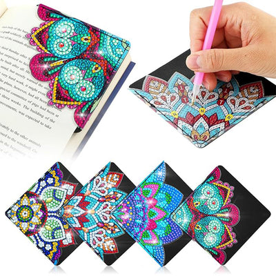 4Pcs de Marque-Pages Avec Coins Protecteurs en PU Mandala Bleu Broderie Diamant