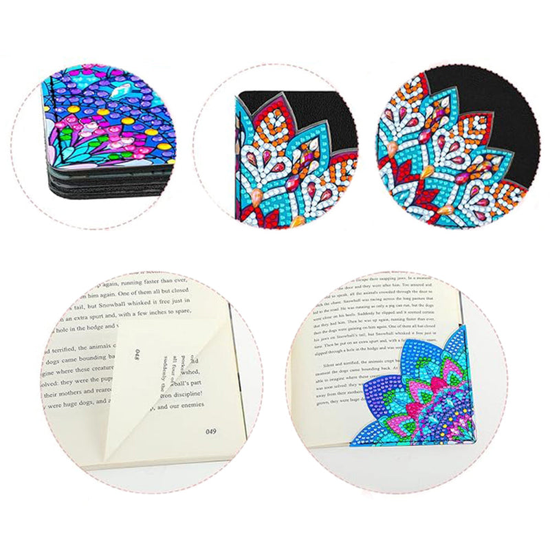 4Pcs de Marque-Pages Avec Coins Protecteurs en PU Mandala Bleu Broderie Diamant