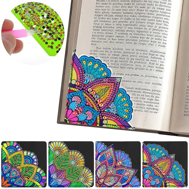 4Pcs de Marque-Pages Avec Coins Protecteurs en PU Mandala Bleu et Vert Broderie Diamant