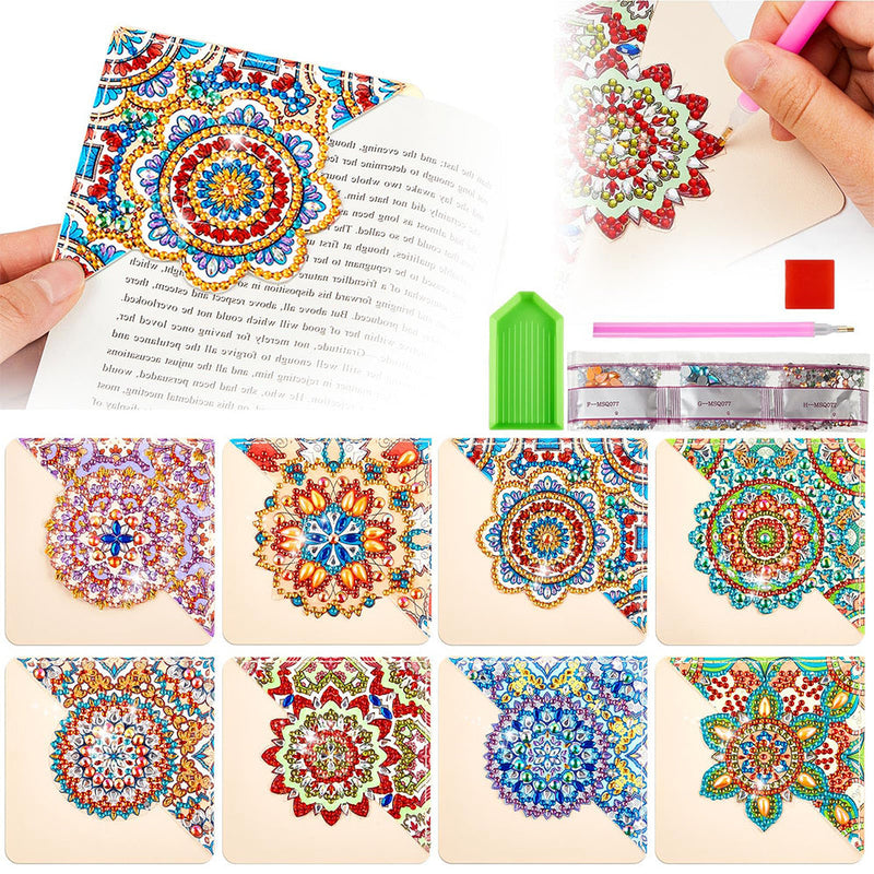 8Pcs de Marque-Pages Avec Coins Protecteurs en PU Beau Mandala Broderie Diamant