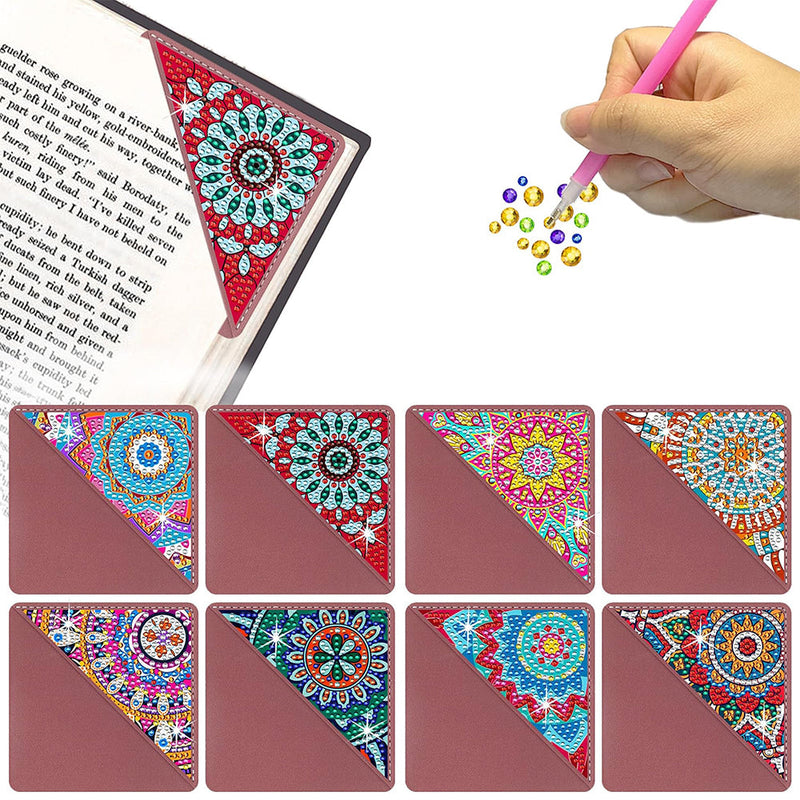 8Pcs de Marque-Pages Avec Coins Protecteurs en PU Mandala Triangle Broderie Diamant