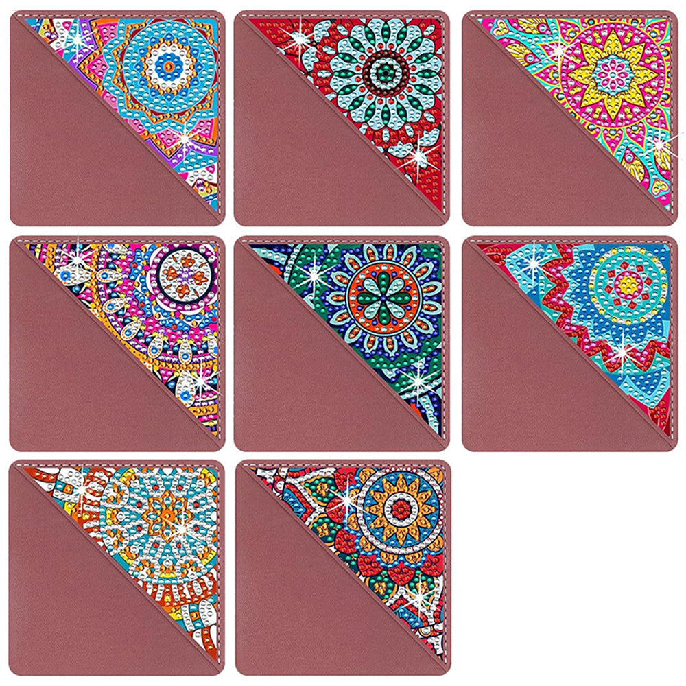 8Pcs de Marque-Pages avec Coins Protecteurs en PU Mandala Triangle Broderie Diamant