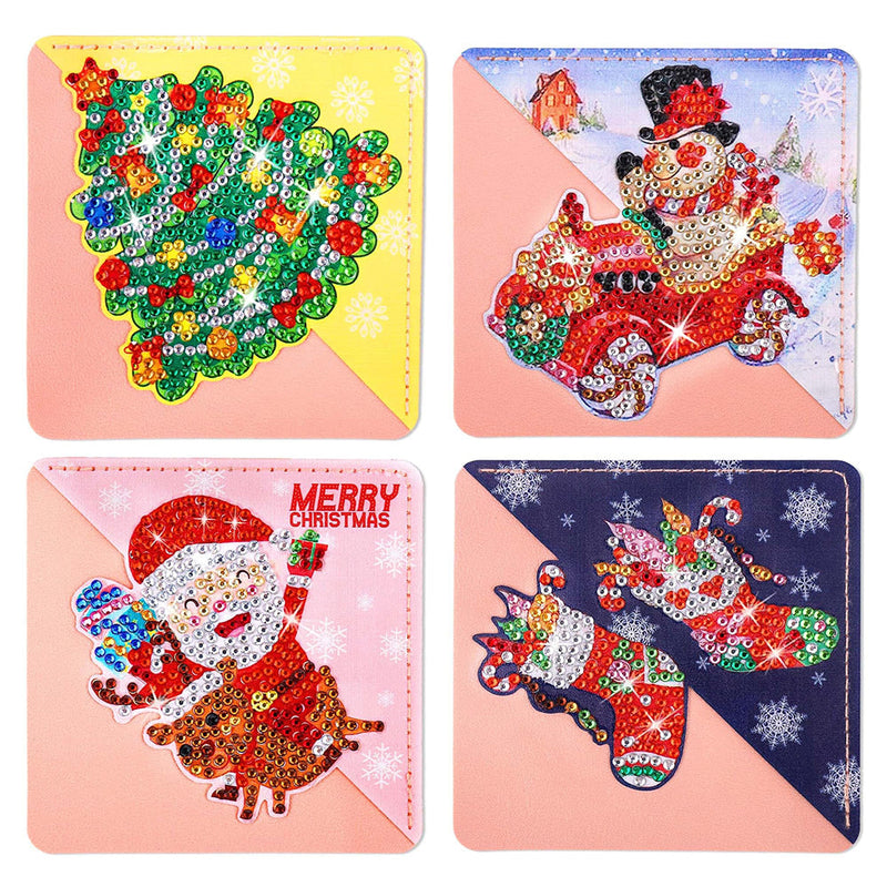 4Pcs de Marque-Pages Avec Coins Protecteurs en PU Joyeux Noël Broderie Diamant